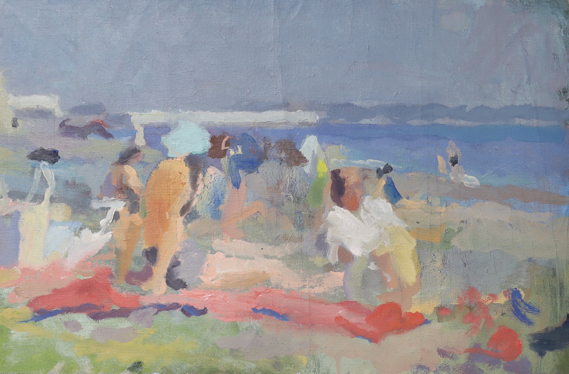John Harvey (b.1935), oil on canvas, Figures on the beach, artist stamp verso, 30 x 46cm, unframed
